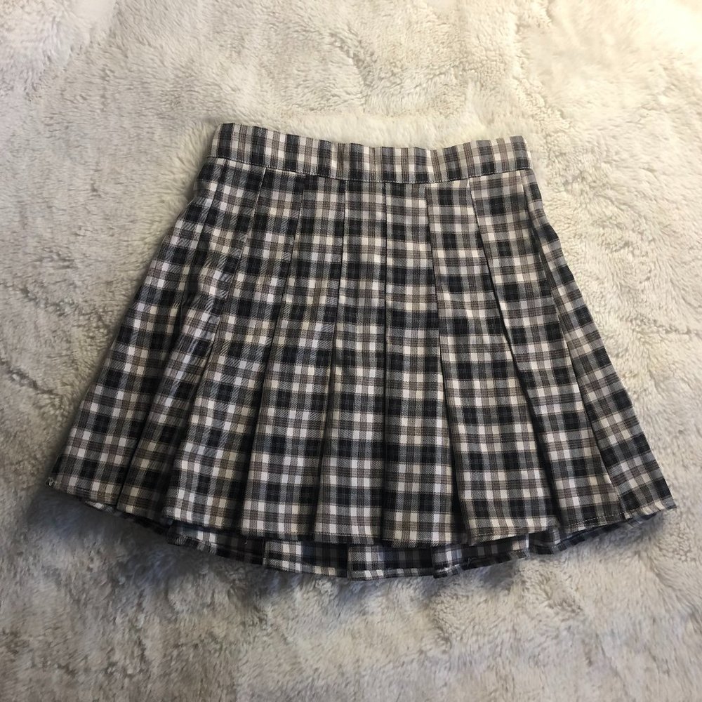 yellow, black, and off white plaid tennis skirt